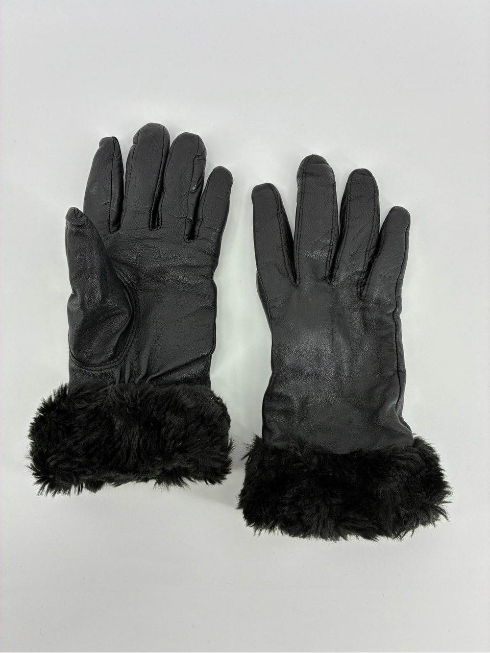 Black Faux Fur Cuff Leather Gloves Fleece Lined Women